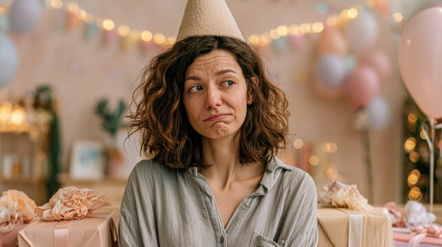 A woman wearing a party hat looks unimpressed or disappointed at a celebration with wrapped gifts and festive decorations in the background.
