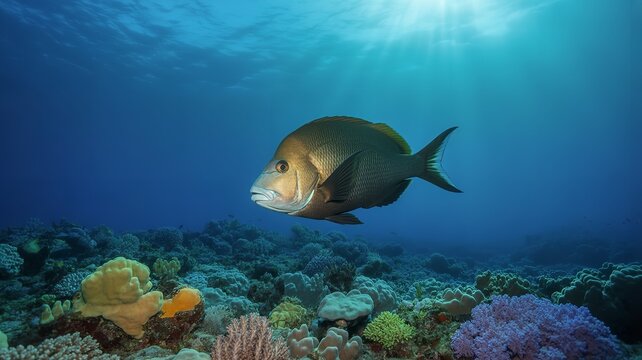 Single fish swimming above colorful coral reef in clear blue ocean water illuminated by sunlight showcasing vibrant marine ecosystem