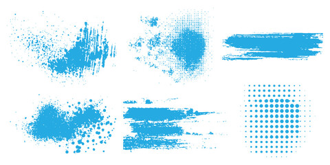 Blue grunge paint brush strokes and halftone splatter elements collection vector illustration isolated on white background. © Artful