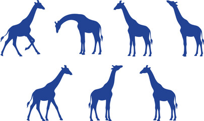 Giraffe silhouette blue vector collection with safari wild animals in various poses on isolated transparent background © fajle Rabbi!