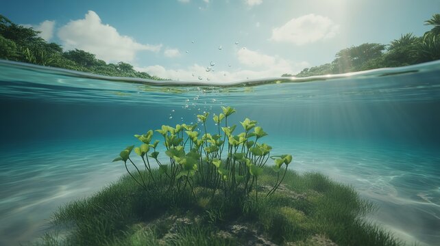 Underwater green plants growing on sandy mound illuminated by sunlight with clear water surface and bright sky horizon view