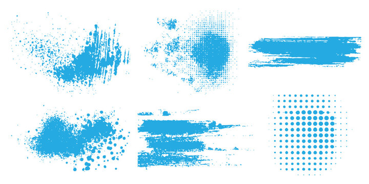 Blue grunge paint brush strokes and halftone splatter elements collection vector illustration isolated on white background.