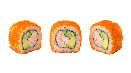 California maki sushi rolls masago shown from three different angles. © Jelizaveta