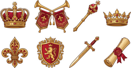 Medieval Royal Heraldry Set with Golden Crown Shield Sword Fleur De Lis Scepter and Trumpets Vector Illustration © Sohel