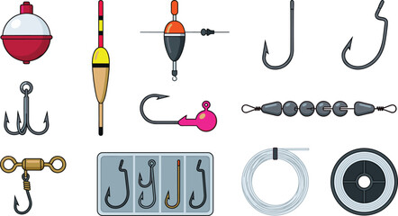 Fishing Tackle Accessories Collection Vector Set with Hooks, Floats, Sinkers, Swivels and Angling Equipment Illustration Pack © Minara