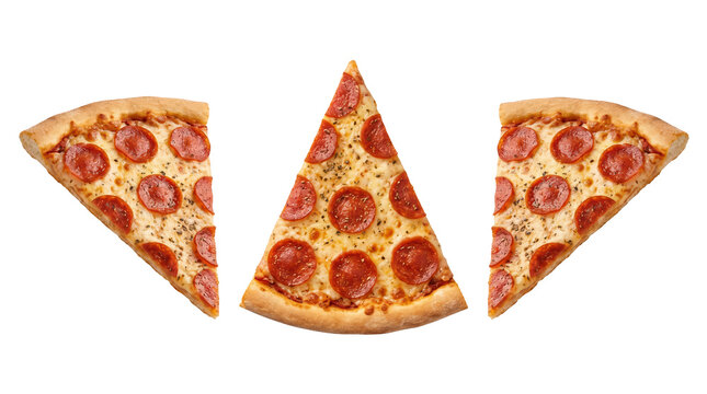 Pepperoni pizza slice portion pack shown from three different angles.