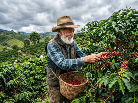 Happy senior man picking ripe red coffee beans from a plant in a lush green farm plantation in the mountains