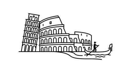 Colosseum Rome Icon with Gondola and Gondolier, Italian Landmark Line Art Vector © Bobo