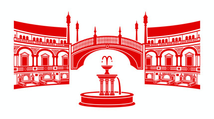 Elegant Red Venetian Bridge and Fountain Silhouette on White Background © Bobo