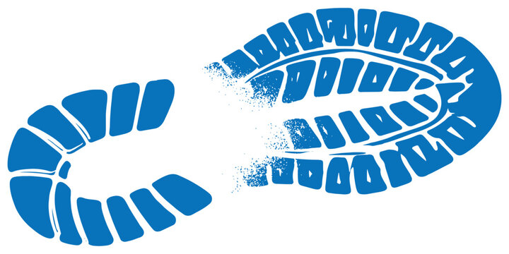 Blue heavy boot footprint disintegrating into dust particles with grunge texture dispersion effect vector illustration.