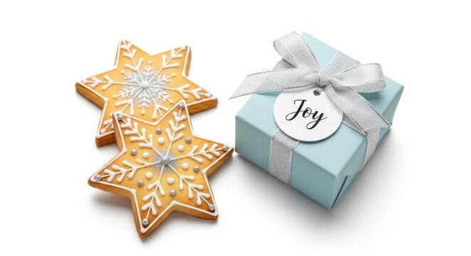 Two star-shaped gingerbread cookies sit on a white surface. One cookie is decorated with silver icing and a small gift box wrapped in blue paper with a silver ribbon and a tag that reads "Joy".