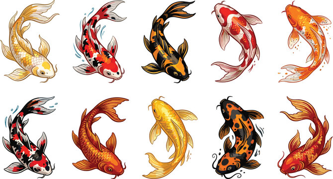 Japanese Koi Fish Set with Colorful Patterned Scales for Traditional Art and Tattoo Designs Vector Illustration Concept