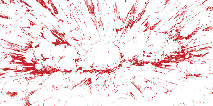 Red comic book style explosion cloud background with dynamic action lines and smoke vector illustration.