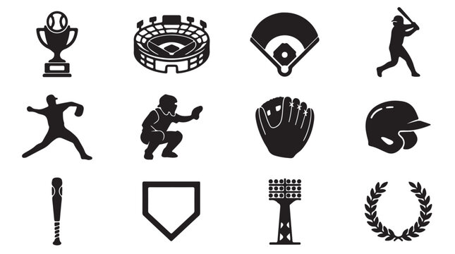 Baseball, sports, icon set, black silhouette, 10 graphics, baseball equipment, sports awards