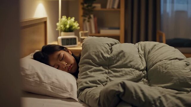Woman sleeps peacefully under warm blanket in bedroom with soft lighting. Comfortable setting includes nightstand and plant. Concept of wellness, home comfort, relaxation