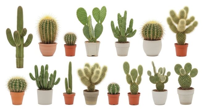 A collection of various cacti plants in terracotta pots. The cacti display a range of shapes, sizes, and textures, including barrel cacti, pad cacti, and globular cacti.