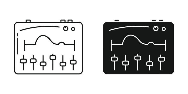 Audio equalizer interface set featuring sound wave graph and fader controls in outline and solid black styles
