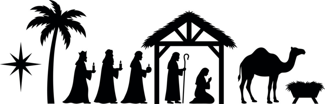 Christmas nativity scene silhouette vector set with holy family three wise men isolated on transparent background