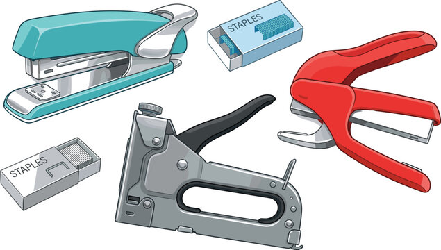 Professional binding and stapling tool collection including manual staple gun desktop staplers and replacement refill pin boxes vector
