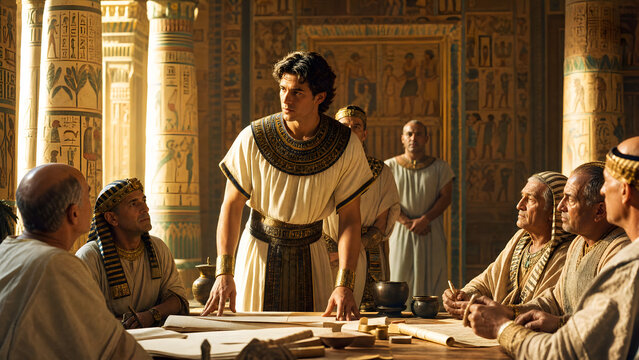 Confident young man in ancient egyptian attire leading a discussion with officials in a richly decorated hall