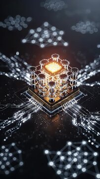 Quantum processor displaying advanced quantum computing infrastructure, intricate technology connections, glowing data transmission pathways, complex laboratory environment.