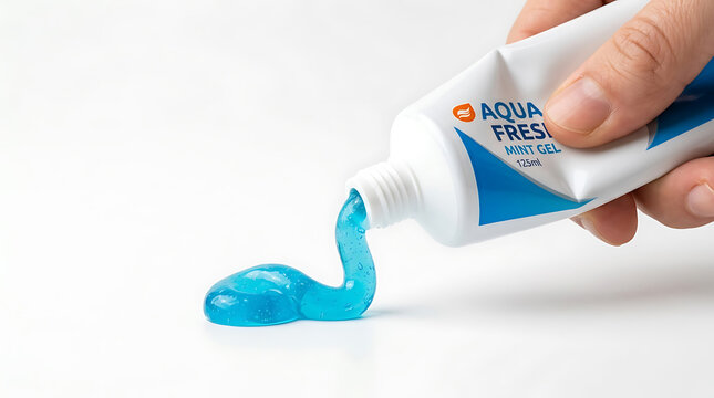 Blue mint gel toothpaste squeezed from white tube squeezing