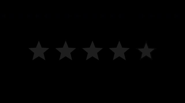 Black five star rating appearing one by one, transparent background review animation