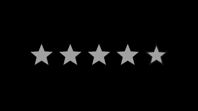 Gray five star rating appearing one by one, transparent background review animation