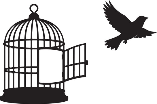 Bird Flying from Open Cage Silhouette Symbolizing Freedom and Escape silhouette vector