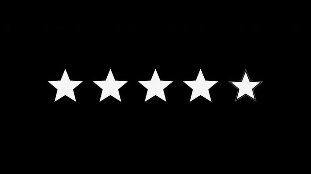 White five star rating appearing one by one, transparent background review animation