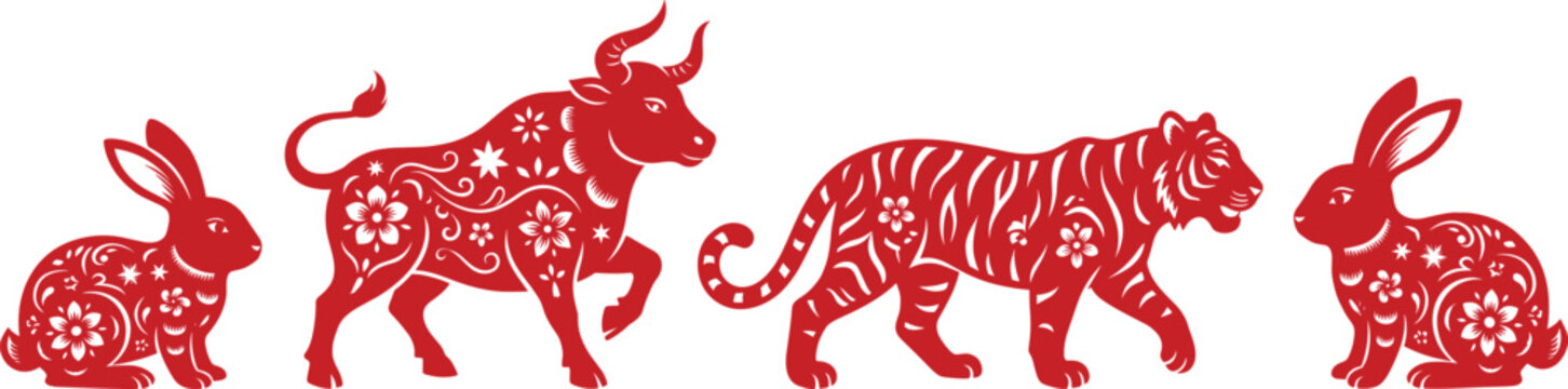 Chinese zodiac animals red silhouette vector set with decorative flower pattern ox tiger and rabbit illustrations