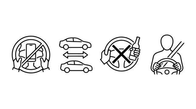Set of driving safety icons showing forbidden actions like texting and drinking alongside proper seatbelt use and distance maintenance