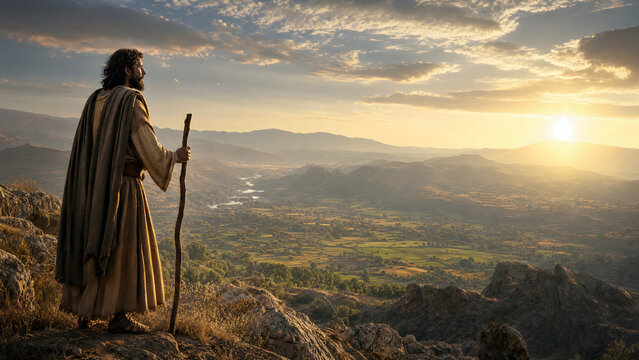 Ancient prophet or wanderer on a mountain top, overlooking a vast valley at sunset, holding a staff