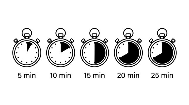 Set of five stopwatch icons representing time intervals from five to twenty-five minutes for countdown or deadline management