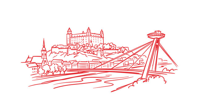Bratislava skyline sketch: castle, bridge, and city panorama in red ink