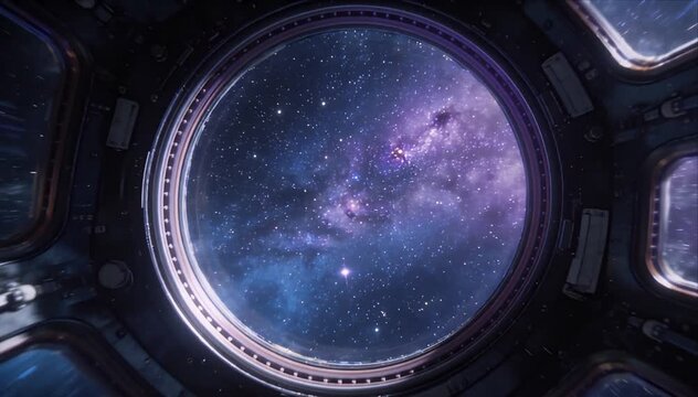 Space galaxy nebula star cosmos universe window round futuristic observation portal night science fiction view through orbit metal frame porthole revealing wonder beauty mystery silence infinite
