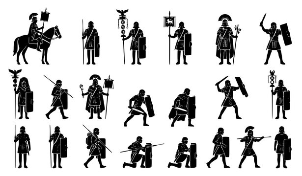 Ancient Roman legionary soldier silhouette vector set with centurion cavalry infantry shields spears standards and battle formation icons isolated on white background