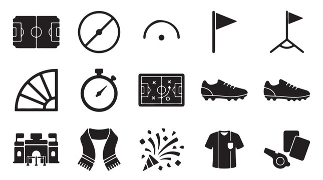 Sports icons, athletic symbols, fitness signs, 20 black pictograms