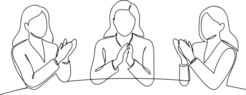 Women applaud. Line drawing vector illustration. business women in a mitting clapping. One continuous single drawn line art doodle girls, one line vector icon