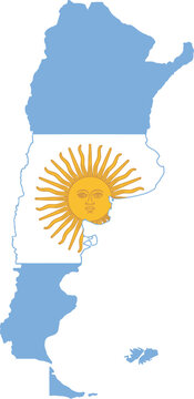 Argentina map outline national country flag shape with light blue and white stripes and sun of may.