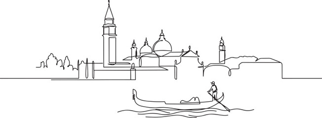 Venice cityscape panorama with the old town, canal, and gondola with gondolier in Italy, one line vector icon © NsiMul