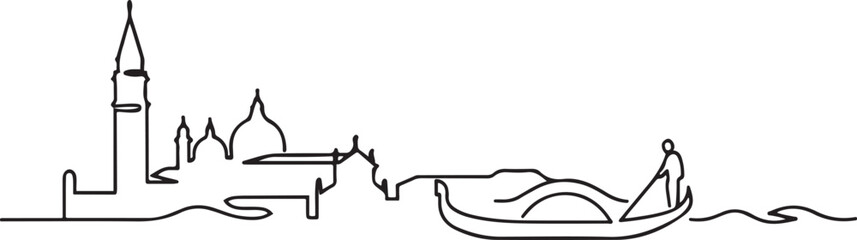 Venice cityscape panorama with the old town, canal, and gondola with gondolier in Italy, one line vector icon © NsiMul