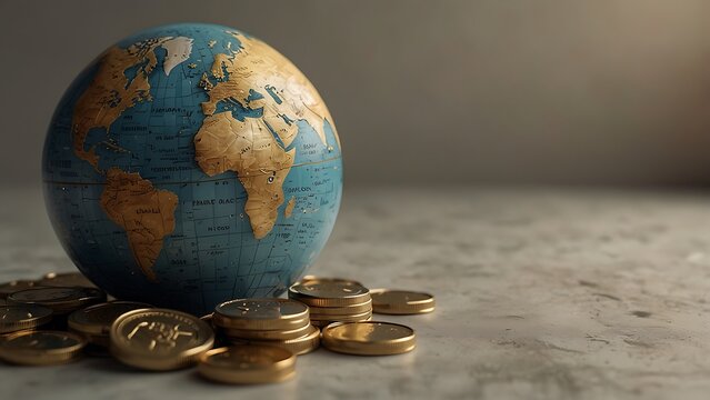 A miniature world globe placed alongside a pile of golden coins on a stone-like surface, representing global economy, international trade, investment, and financial growth concepts.