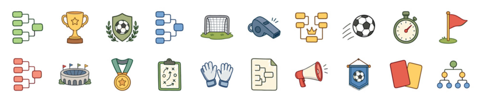 Large collection of colorful soccer icons in a hand-drawn doodle style, including a trophy, medal, stadium, ball, and tournament brackets for a championship event