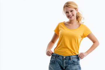 Fototapeta premium Happy young woman in loose jeans and yellow t-shirt showing weight loss with a smile on a white background.