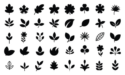 Fototapeta premium Black leaf silhouettes on white background, showing diverse botanical shapes in a minimalist style for organic nature projects.