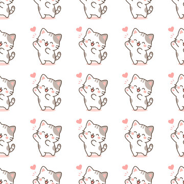 Cute cartoon cat waving paw with hearts seamless pattern, orderly symmetrical kitten grid background for wallpaper and children textile print
