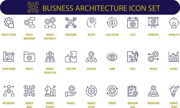 Title:
Business Architecture Icons Set with Editable Stroke &ndash; Business Model, Process, Strategy, Project, Asset Thin Line Vector Collection