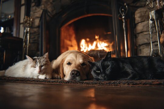 family pets resting by the fireplace
