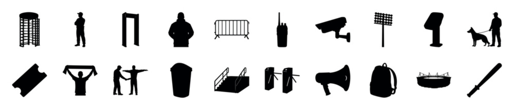 Collection of black silhouettes depicting various security and event-related items and personnel, including turnstiles, guards, barriers, and stadium elements